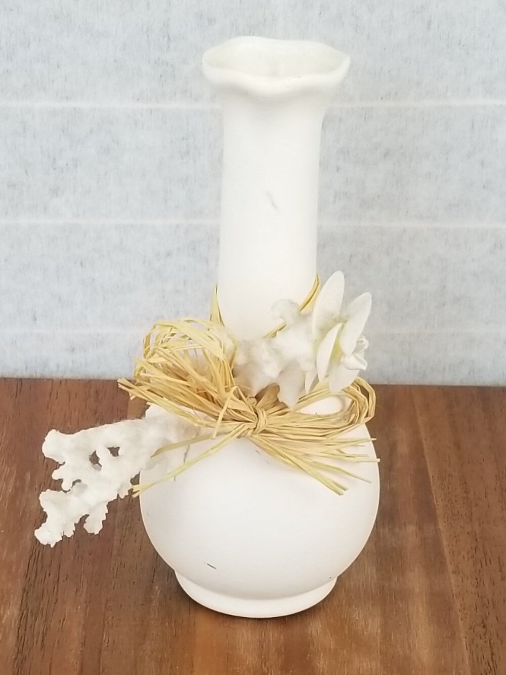 Ceramic and Faux Coral Bud Vase From the Bahamas White Raffia Bow Accent 7.5"